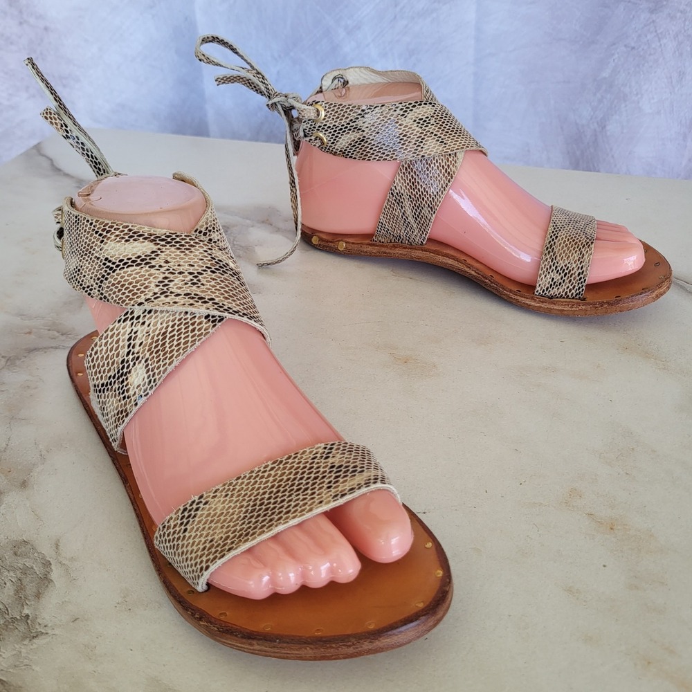 Beek Lace Up Ankle Cross Strap Leather Snake Sandals Size 6 Women's Beige